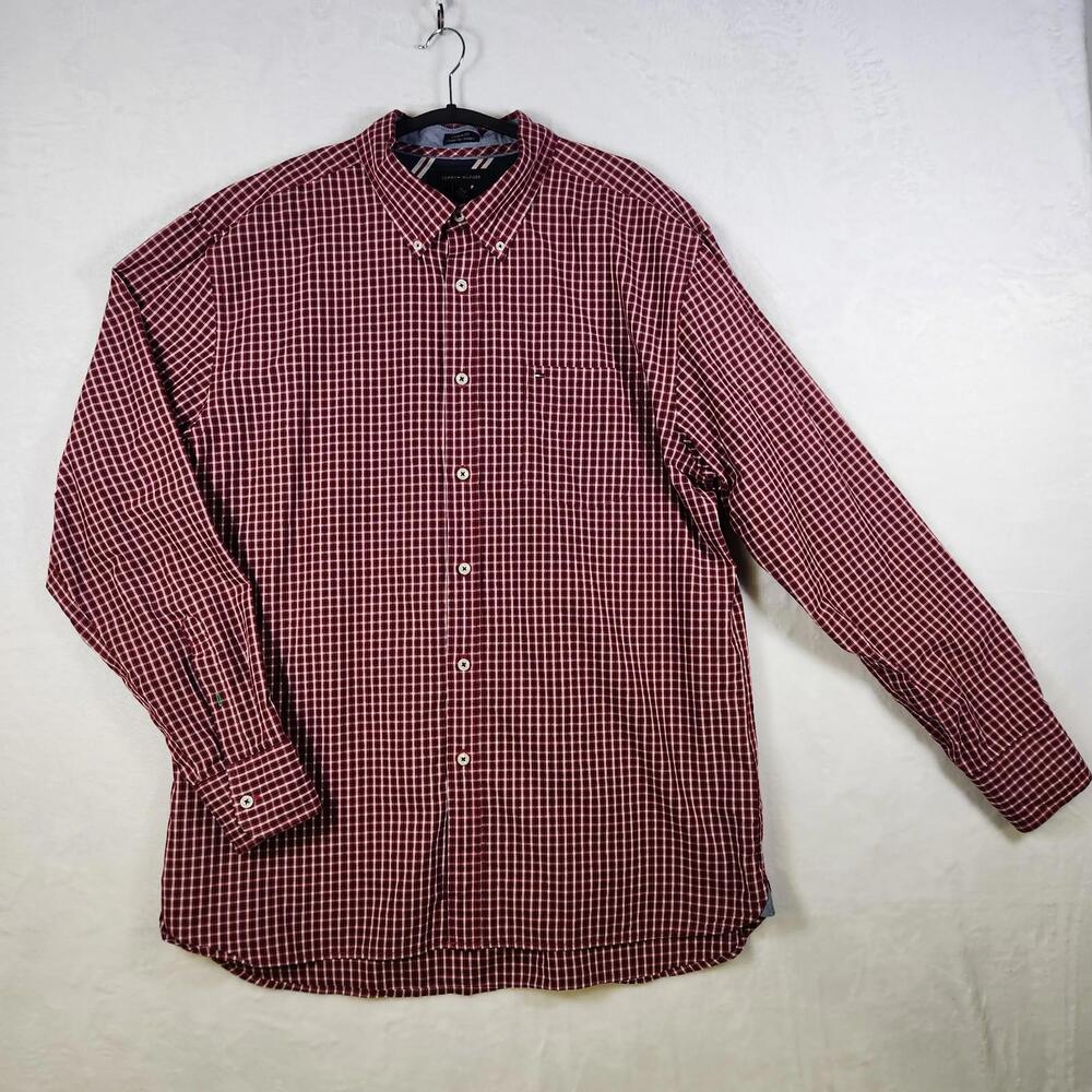 Tommy Hilfiger Custom Fit Red Checked Long Sleeve Button Down Casual Shirt Sz XL